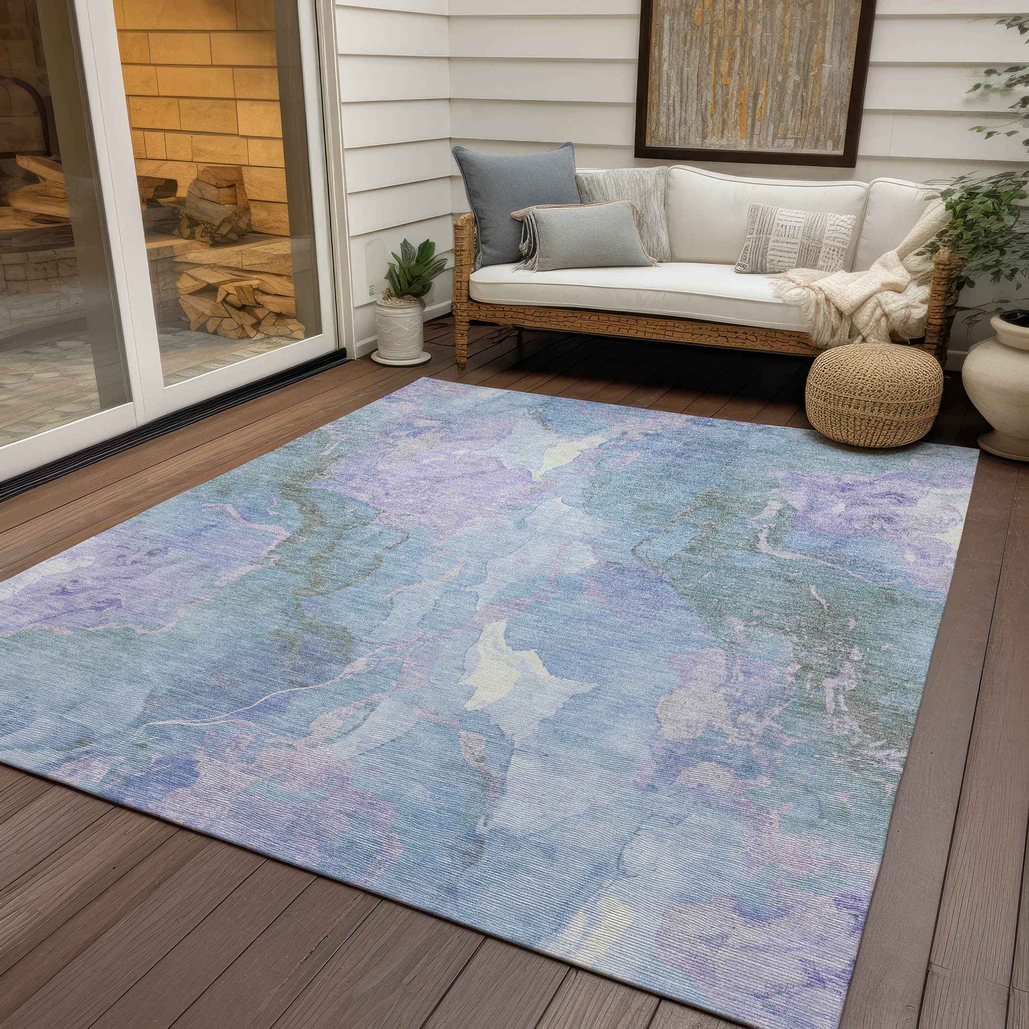 5' X 8' Lavender And Sky Blue Abstract Washable Indoor Outdoor Area Rug