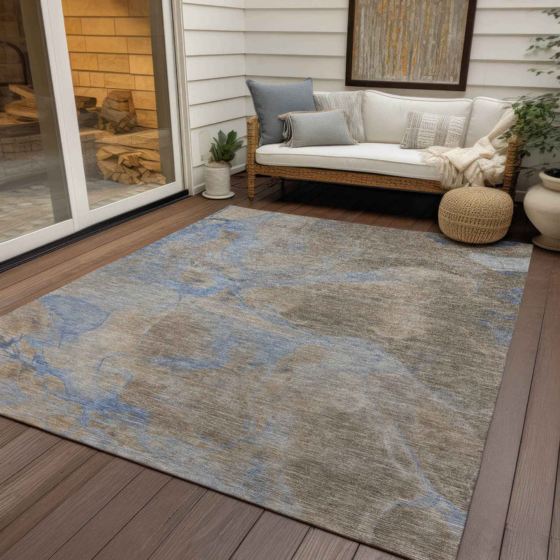 10' X 14' Taupe Beige And Blue Abstract Washable Indoor Outdoor Area Rug