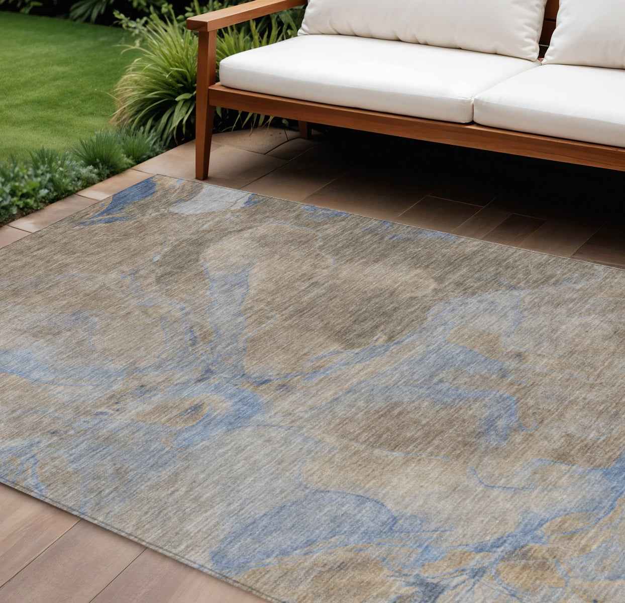 10' X 14' Taupe Beige And Blue Abstract Washable Indoor Outdoor Area Rug