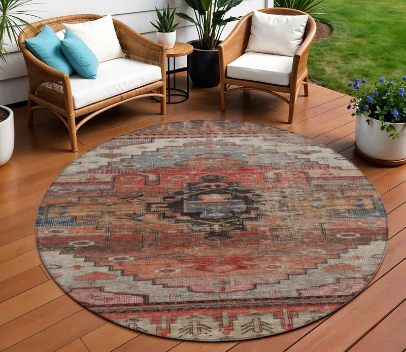 8' Rust Ivory And Gray Round Tribal Washable Indoor Outdoor Area Rug