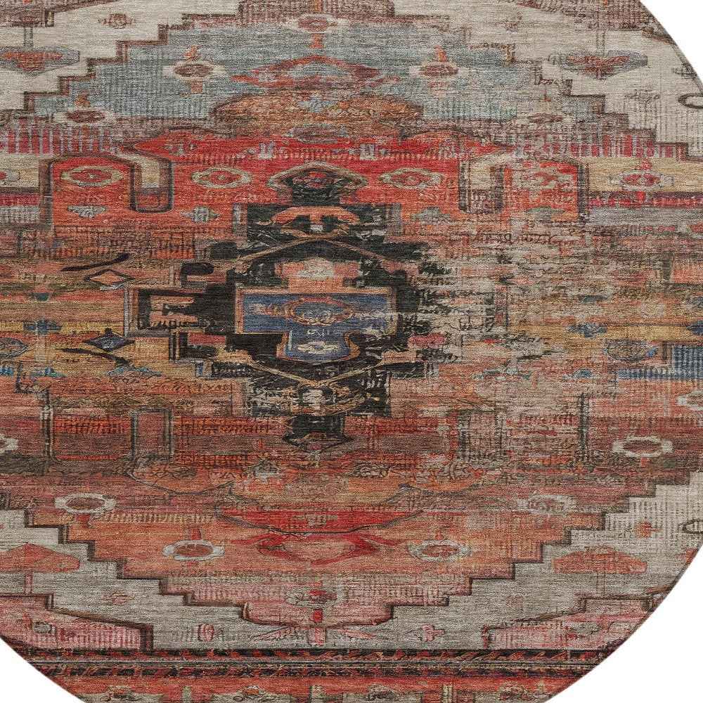 8' Rust Ivory And Gray Round Tribal Washable Indoor Outdoor Area Rug
