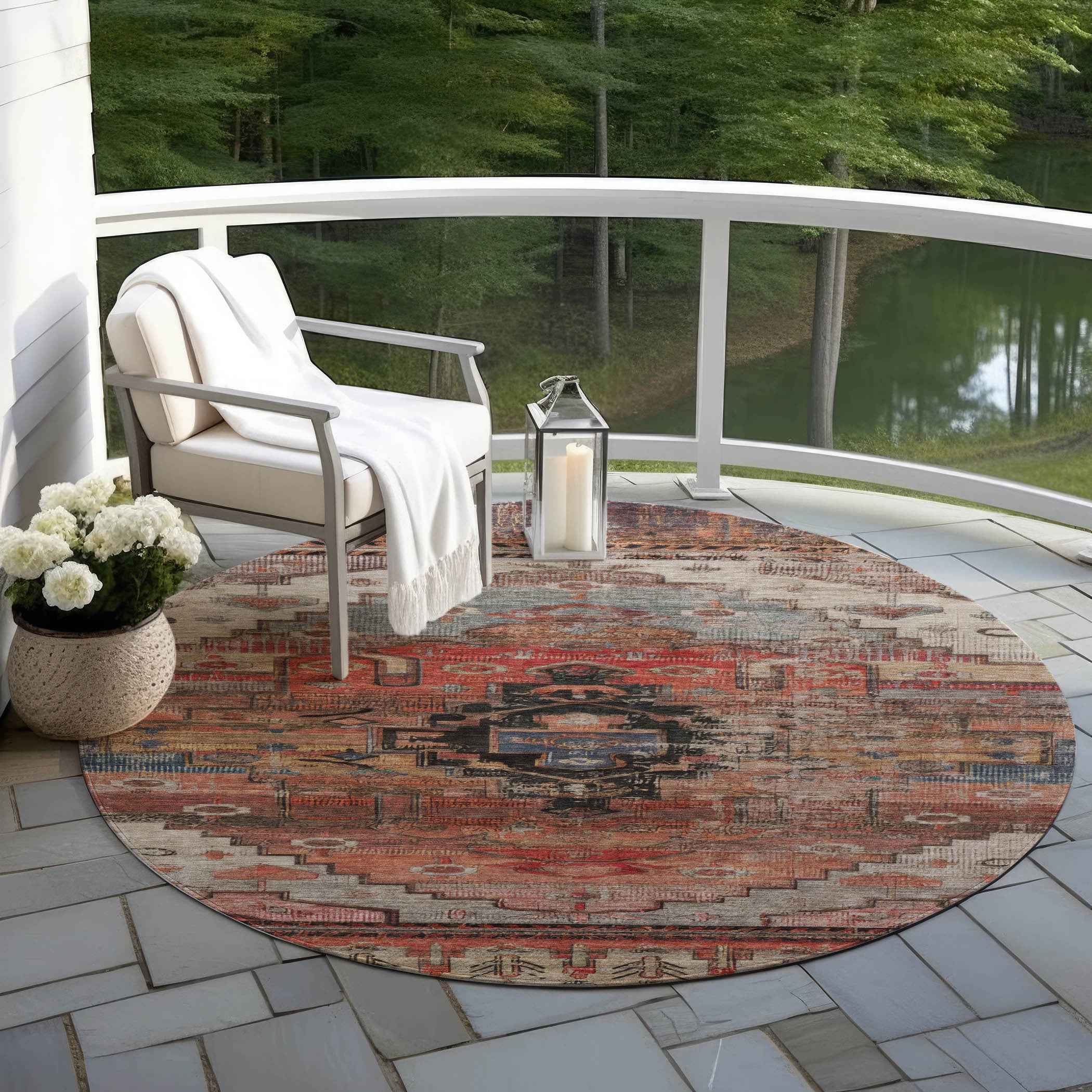 8' Rust Ivory And Gray Round Tribal Washable Indoor Outdoor Area Rug