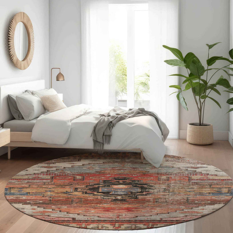 8' Rust Ivory And Gray Round Tribal Washable Indoor Outdoor Area Rug