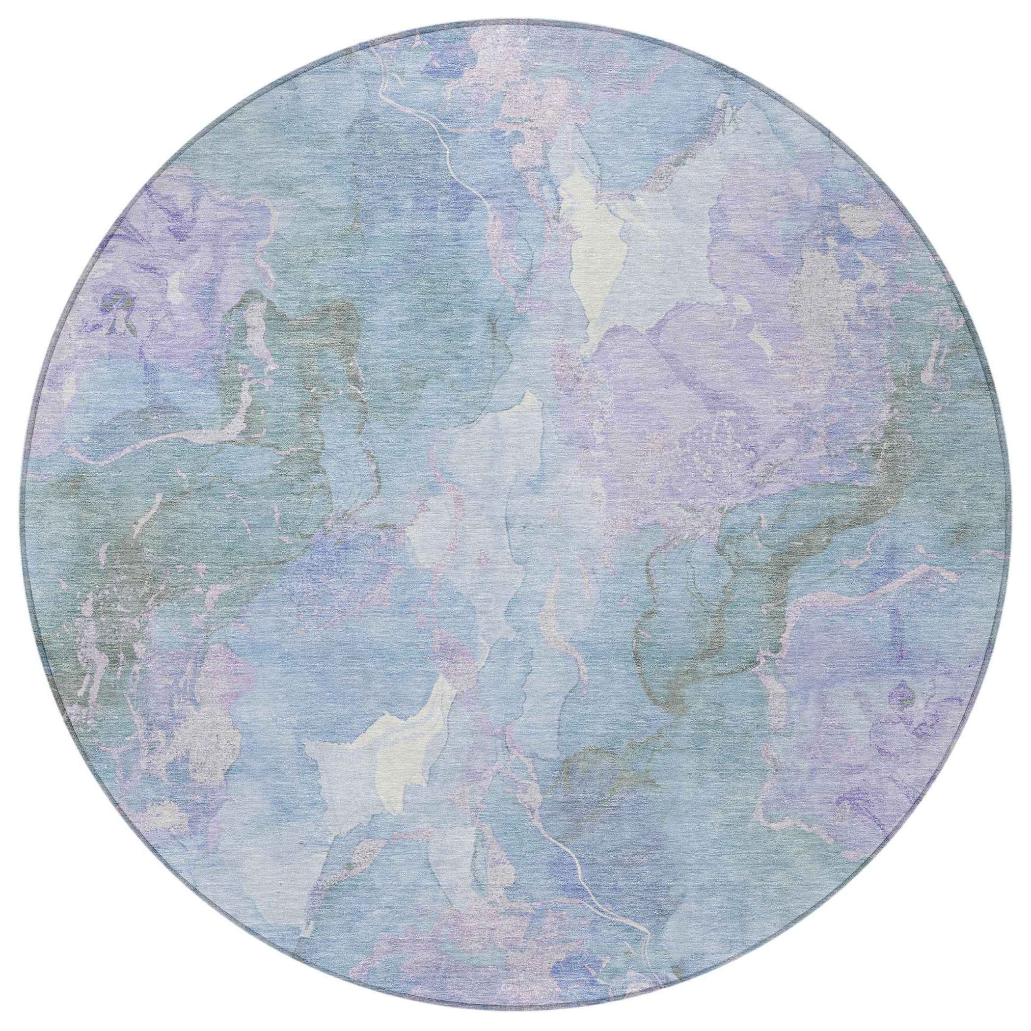 8' Lavender And Sky Blue Round Abstract Washable Indoor Outdoor Area Rug