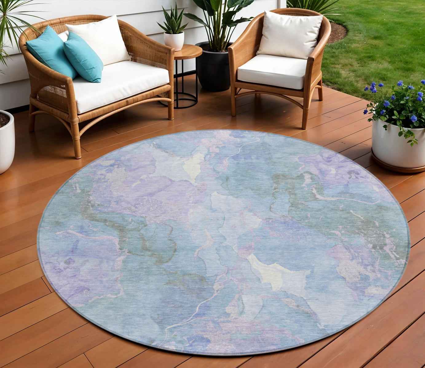 8' Lavender And Sky Blue Round Abstract Washable Indoor Outdoor Area Rug