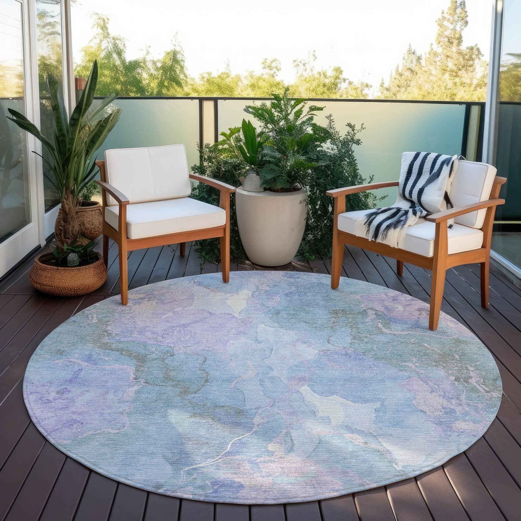 8' Lavender And Sky Blue Round Abstract Washable Indoor Outdoor Area Rug