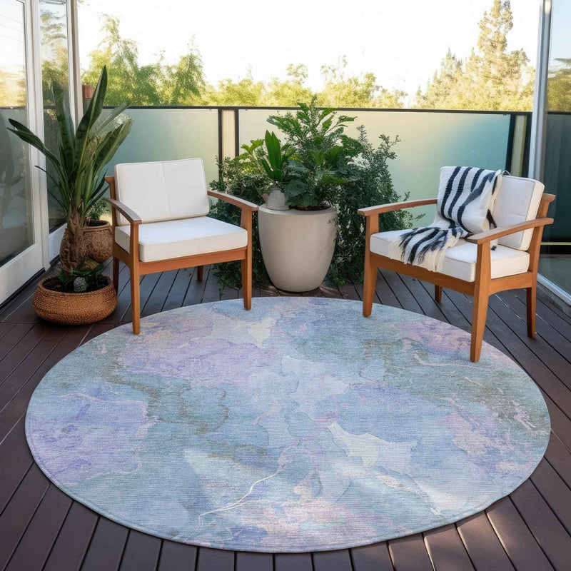 8' Lavender And Sky Blue Round Abstract Washable Indoor Outdoor Area Rug