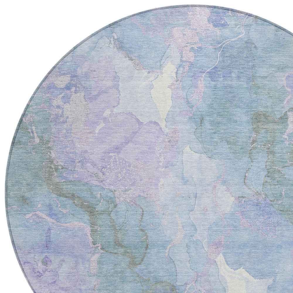 8' Lavender And Sky Blue Round Abstract Washable Indoor Outdoor Area Rug