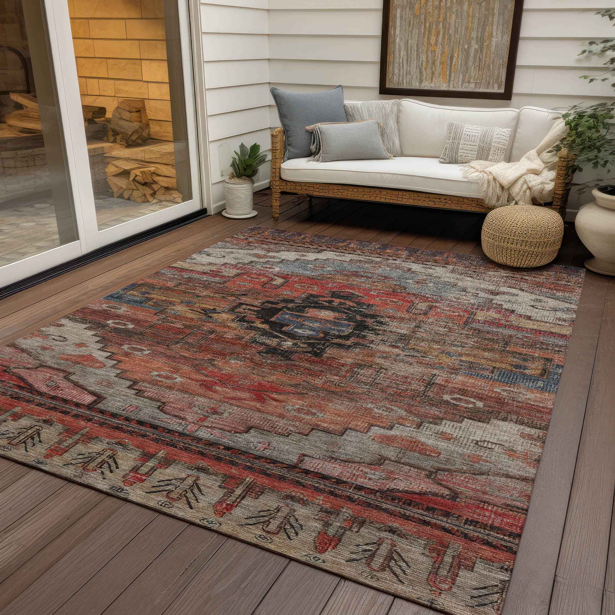 3' X 5' Rust Ivory And Gray Tribal Washable Indoor Outdoor Area Rug