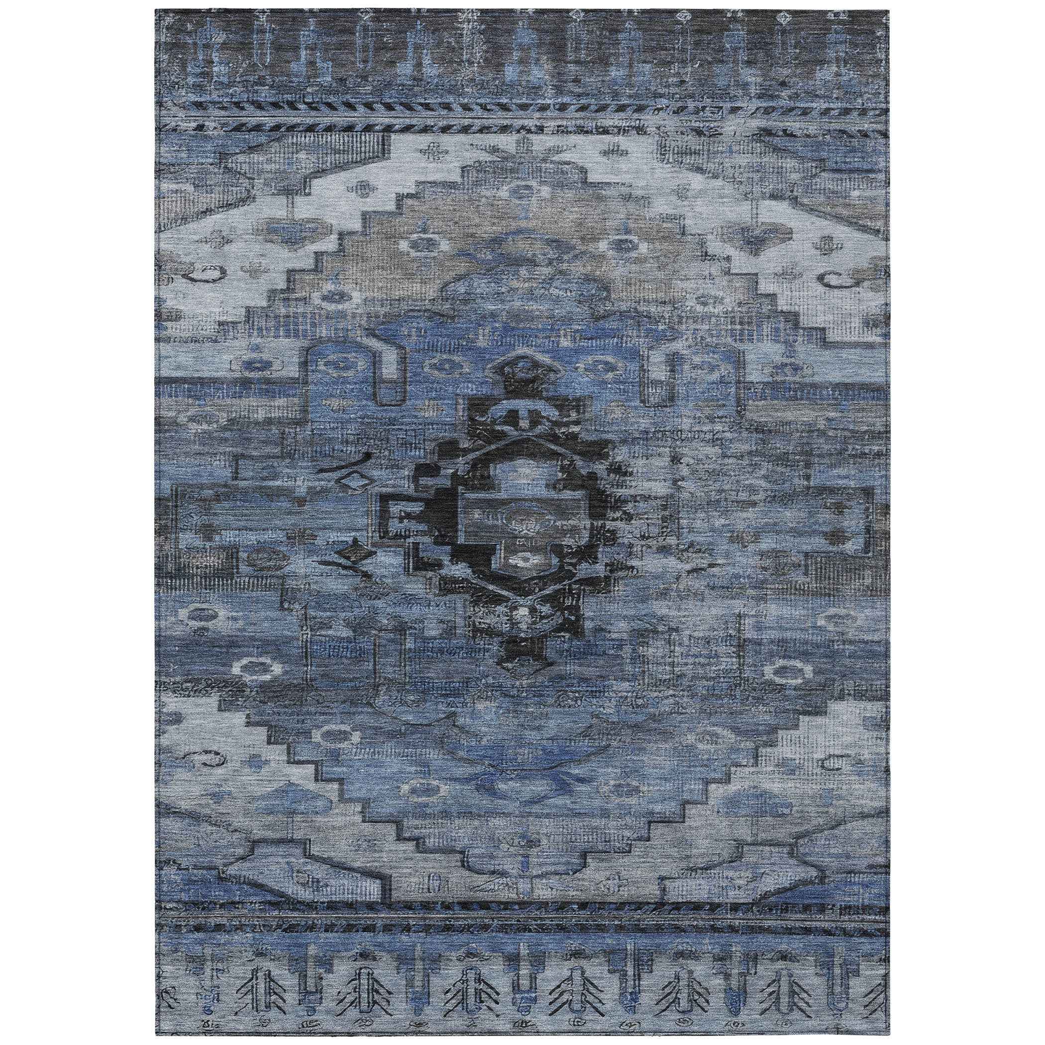 8' X 10' Blue Ivory And Gray Tribal Washable Indoor Outdoor Area Rug