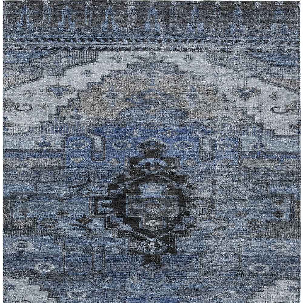 8' X 10' Blue Ivory And Gray Tribal Washable Indoor Outdoor Area Rug
