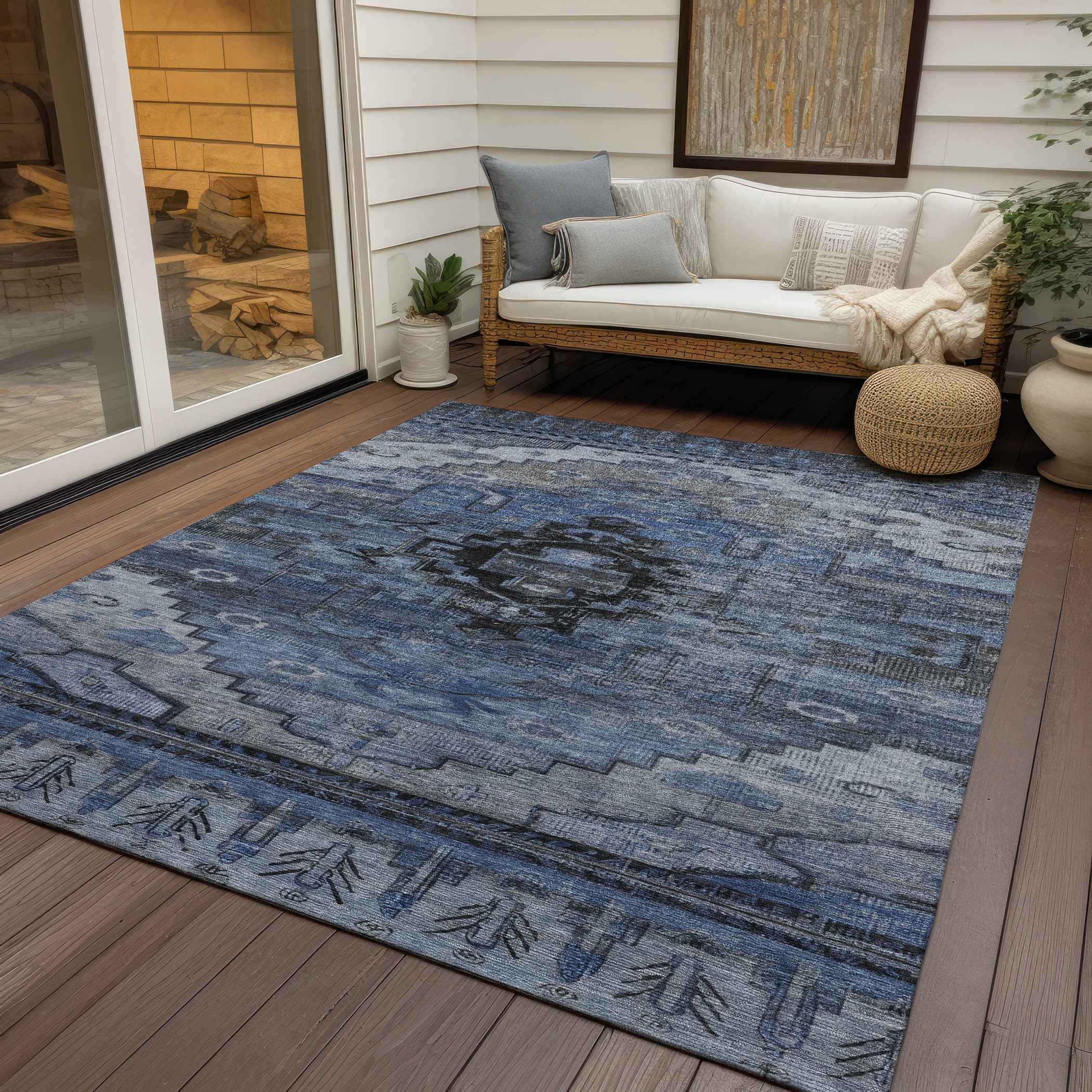 8' X 10' Blue Ivory And Gray Tribal Washable Indoor Outdoor Area Rug
