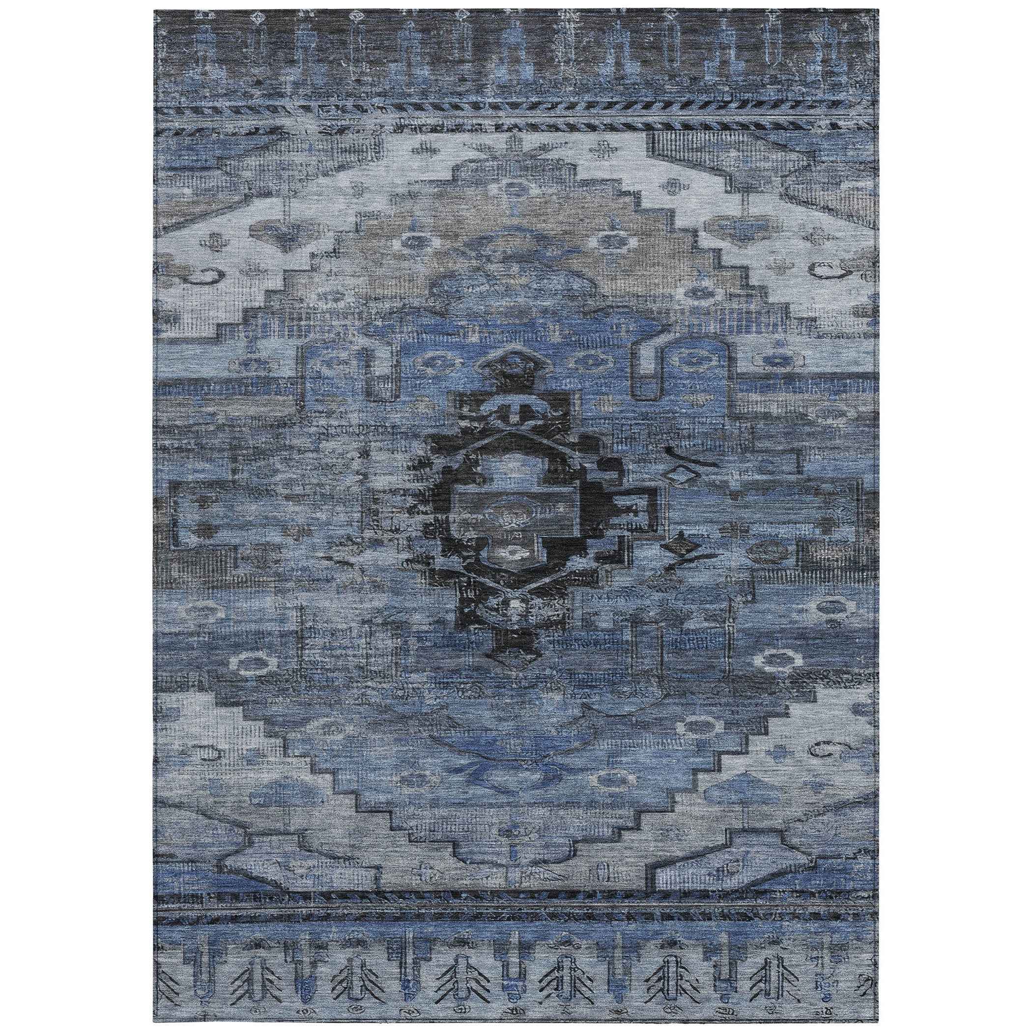 8' X 10' Blue Ivory And Gray Tribal Washable Indoor Outdoor Area Rug