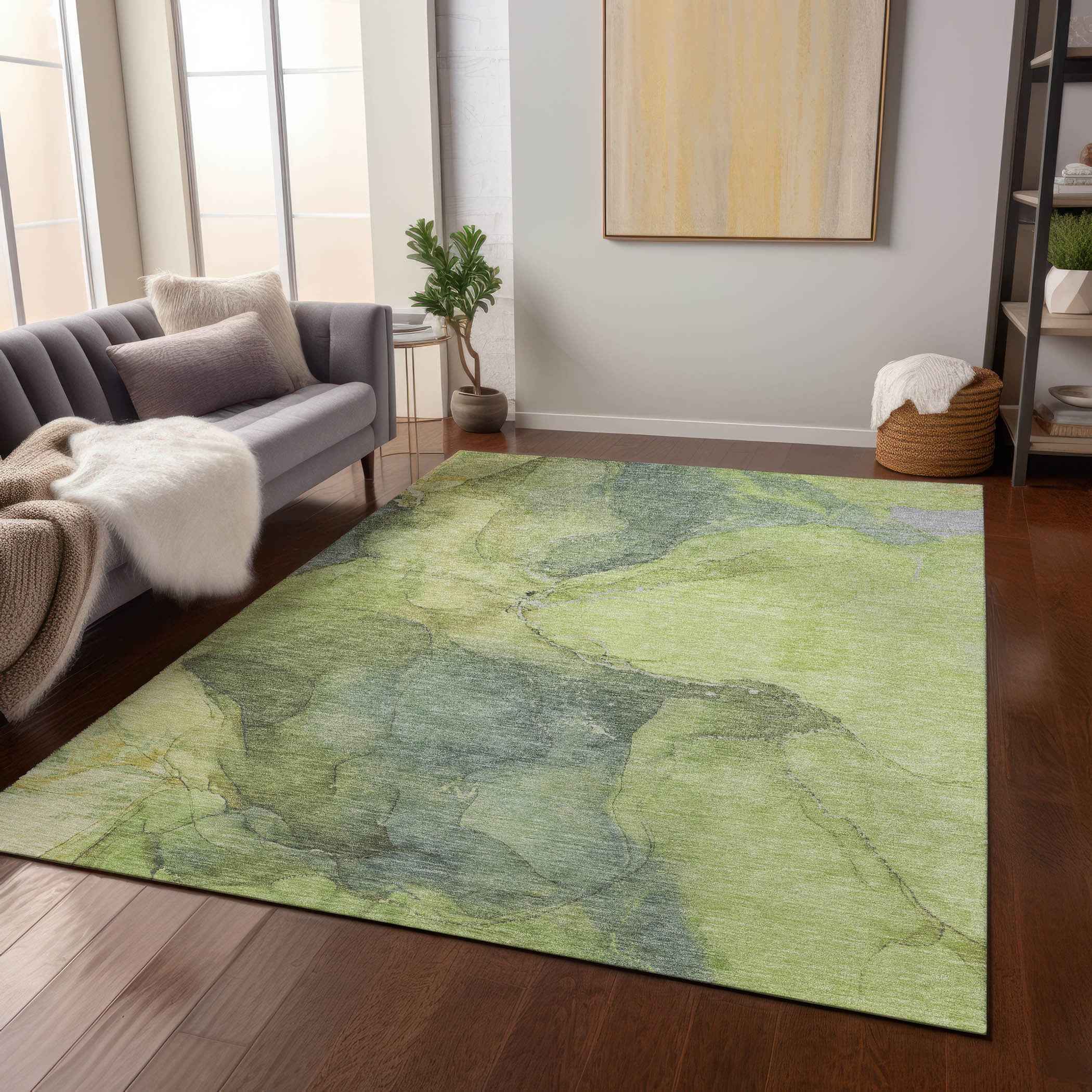 9' X 12' Green And Gray Abstract Washable Indoor Outdoor Area Rug
