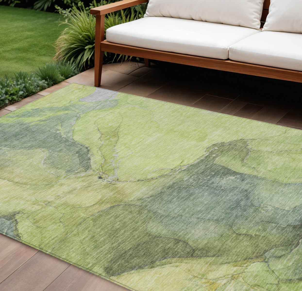 9' X 12' Green And Gray Abstract Washable Indoor Outdoor Area Rug