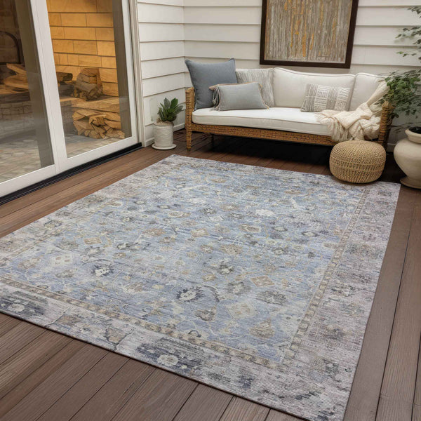 5' X 8' Sky Blue Brown And Ivory Oriental Washable Indoor Outdoor Area Rug