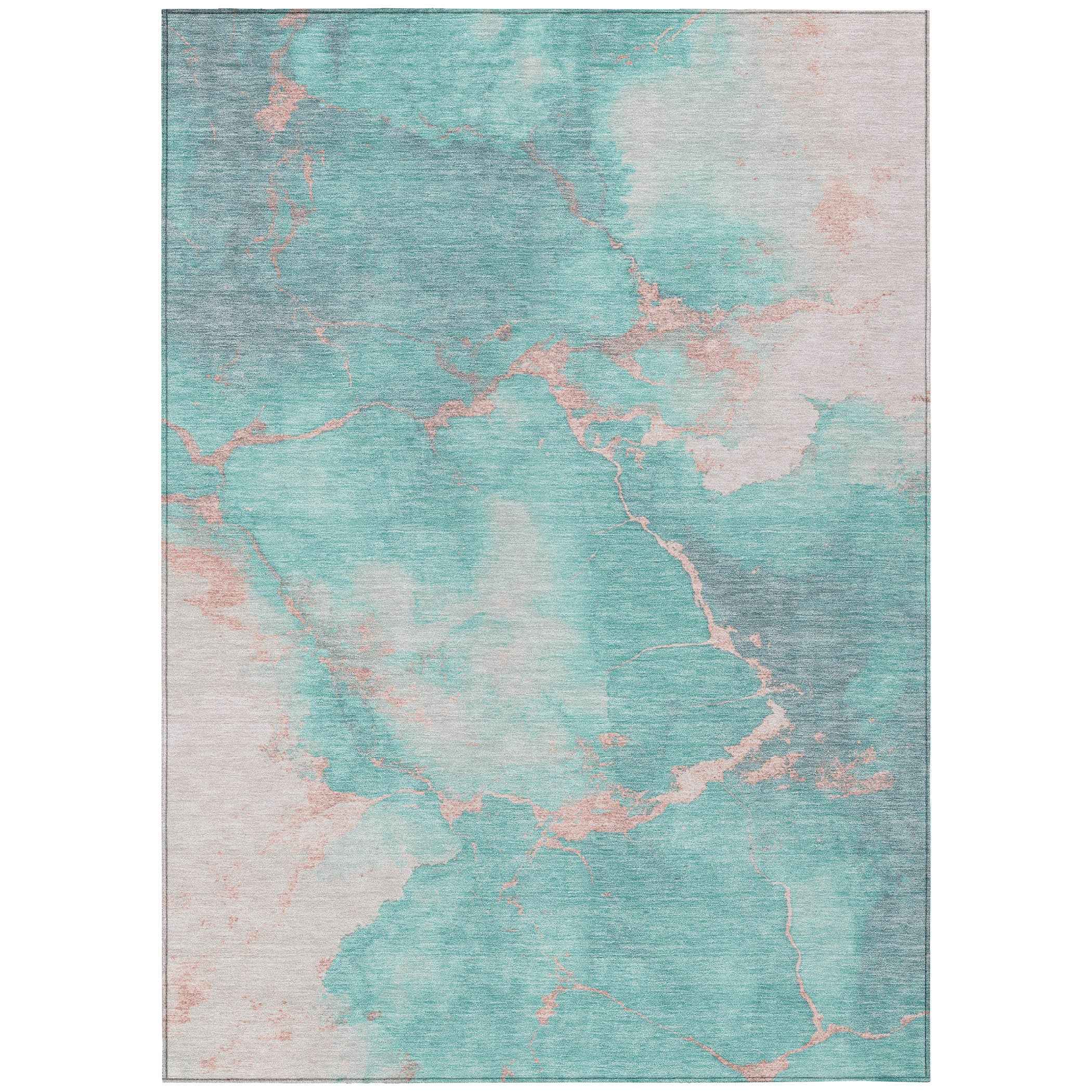 3' X 5' Teal Blue Peach And Ivory Abstract Washable Indoor Outdoor Area Rug
