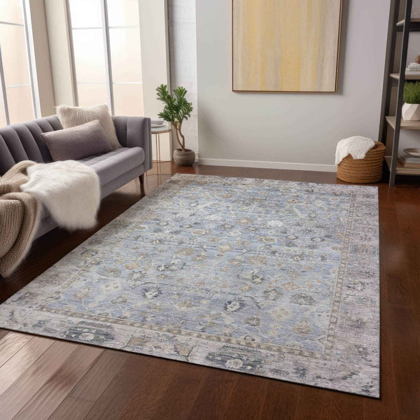 3' X 5' Sky Blue Brown And Ivory Oriental Washable Indoor Outdoor Area Rug