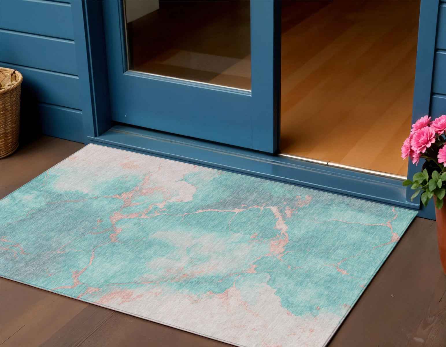 3' X 5' Teal Blue Peach And Ivory Abstract Washable Indoor Outdoor Area Rug