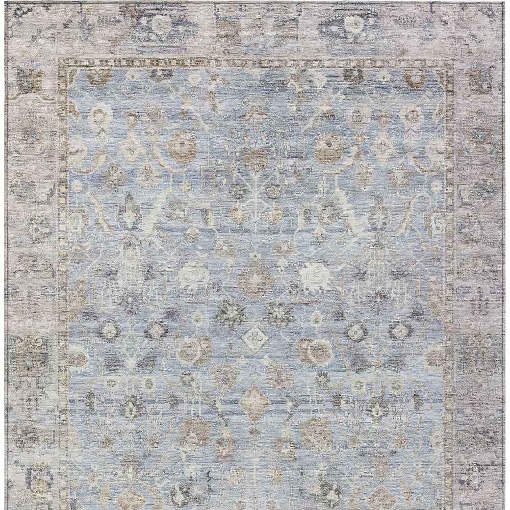 3' X 5' Sky Blue Brown And Ivory Oriental Washable Indoor Outdoor Area Rug