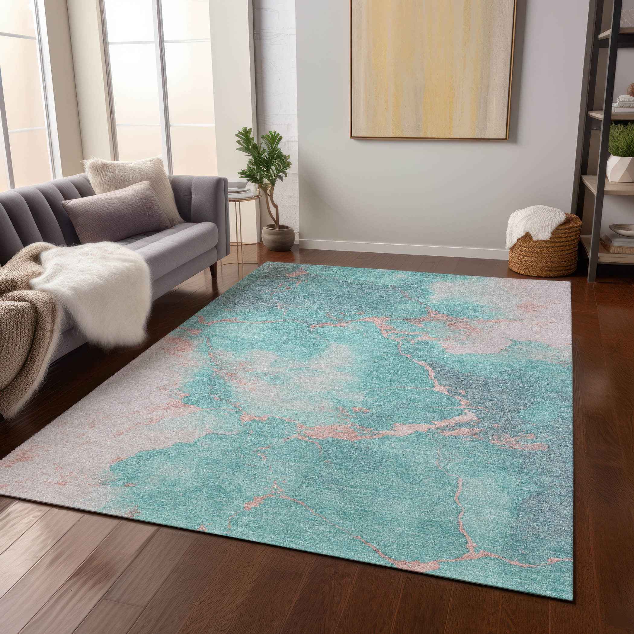 3' X 5' Teal Blue Peach And Ivory Abstract Washable Indoor Outdoor Area Rug
