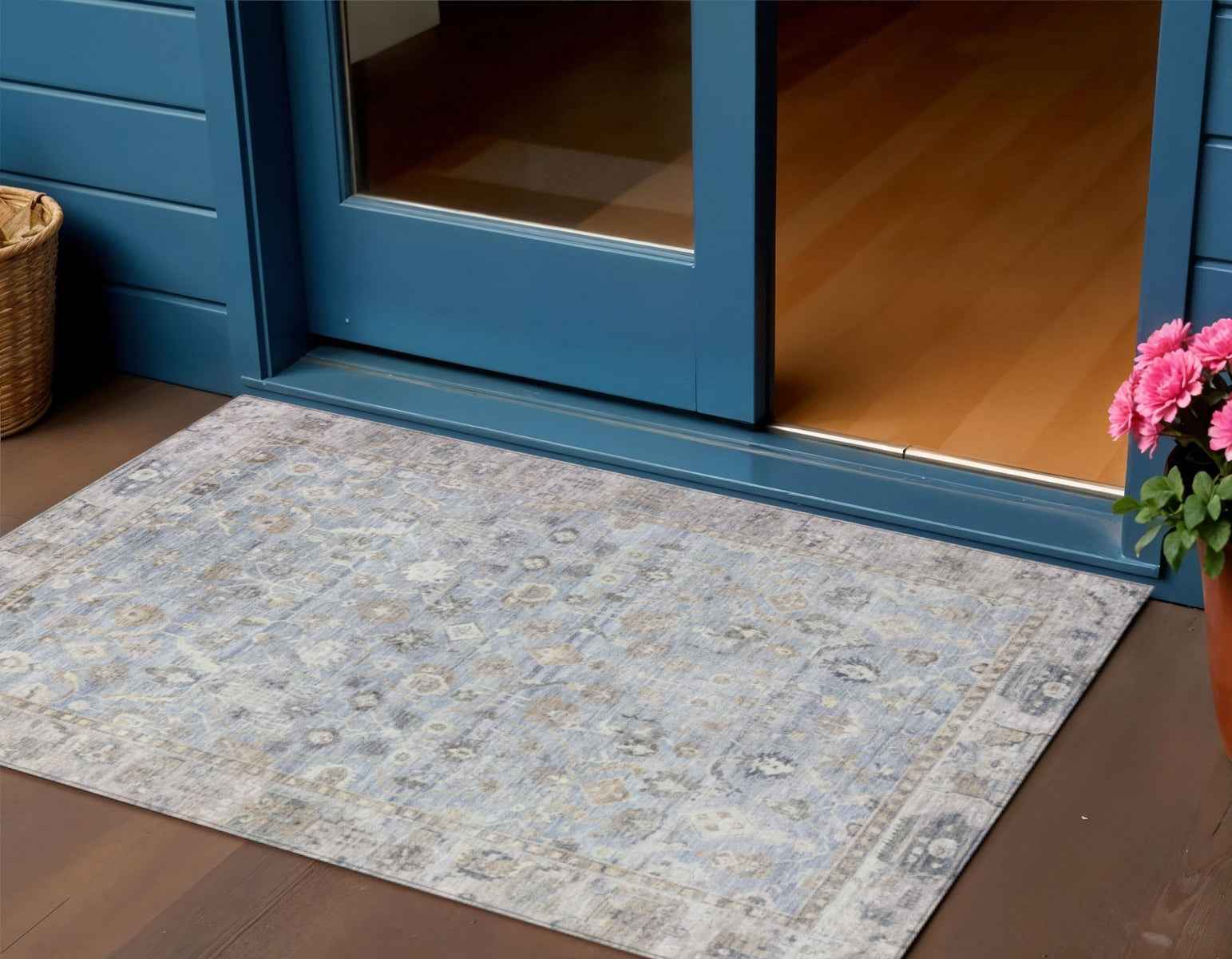 3' X 5' Sky Blue Brown And Ivory Oriental Washable Indoor Outdoor Area Rug