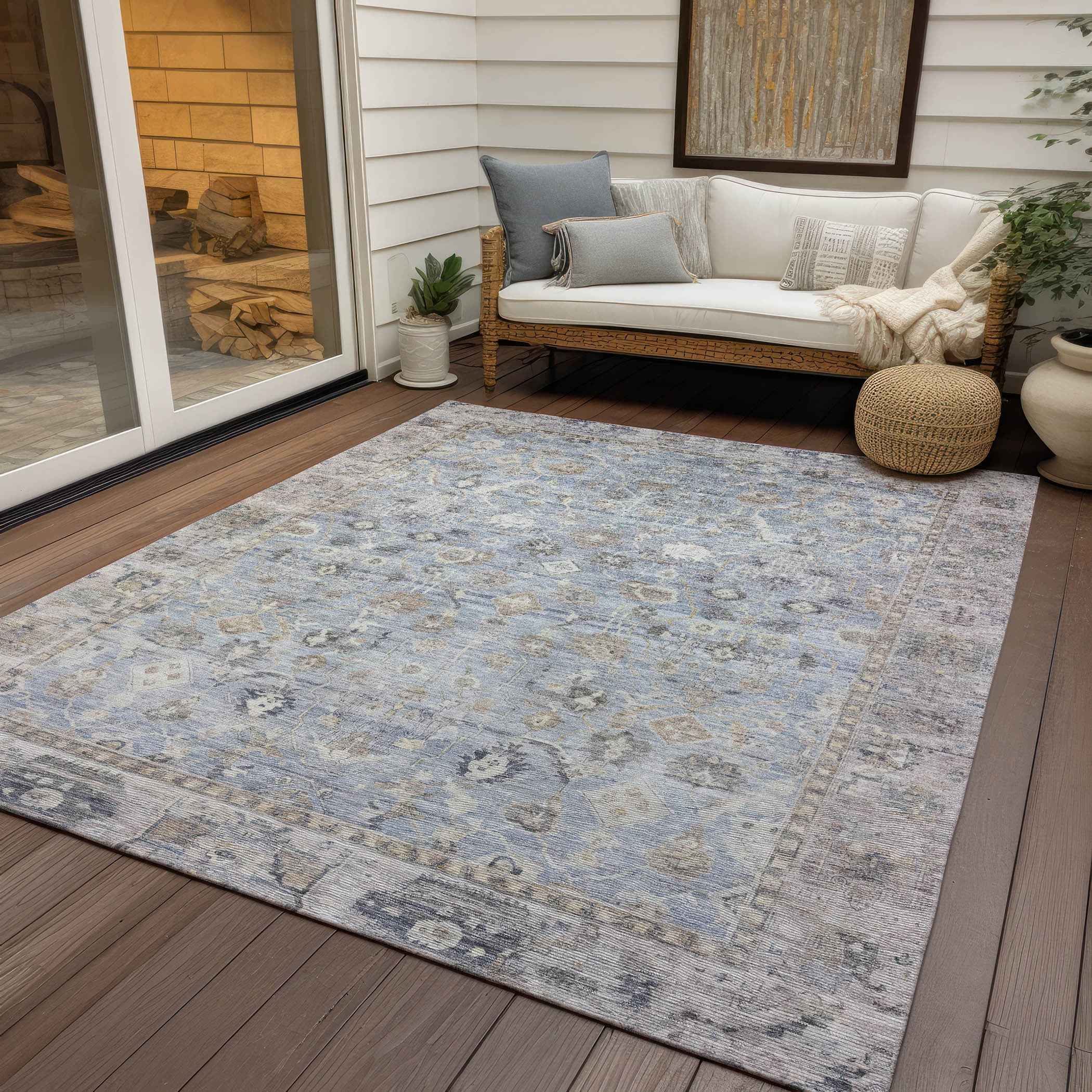 3' X 5' Sky Blue Brown And Ivory Oriental Washable Indoor Outdoor Area Rug