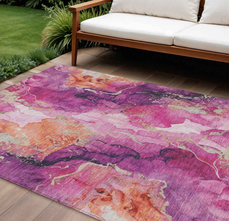 8' X 10' Ruby Red And Purple Abstract Washable Indoor Outdoor Area Rug