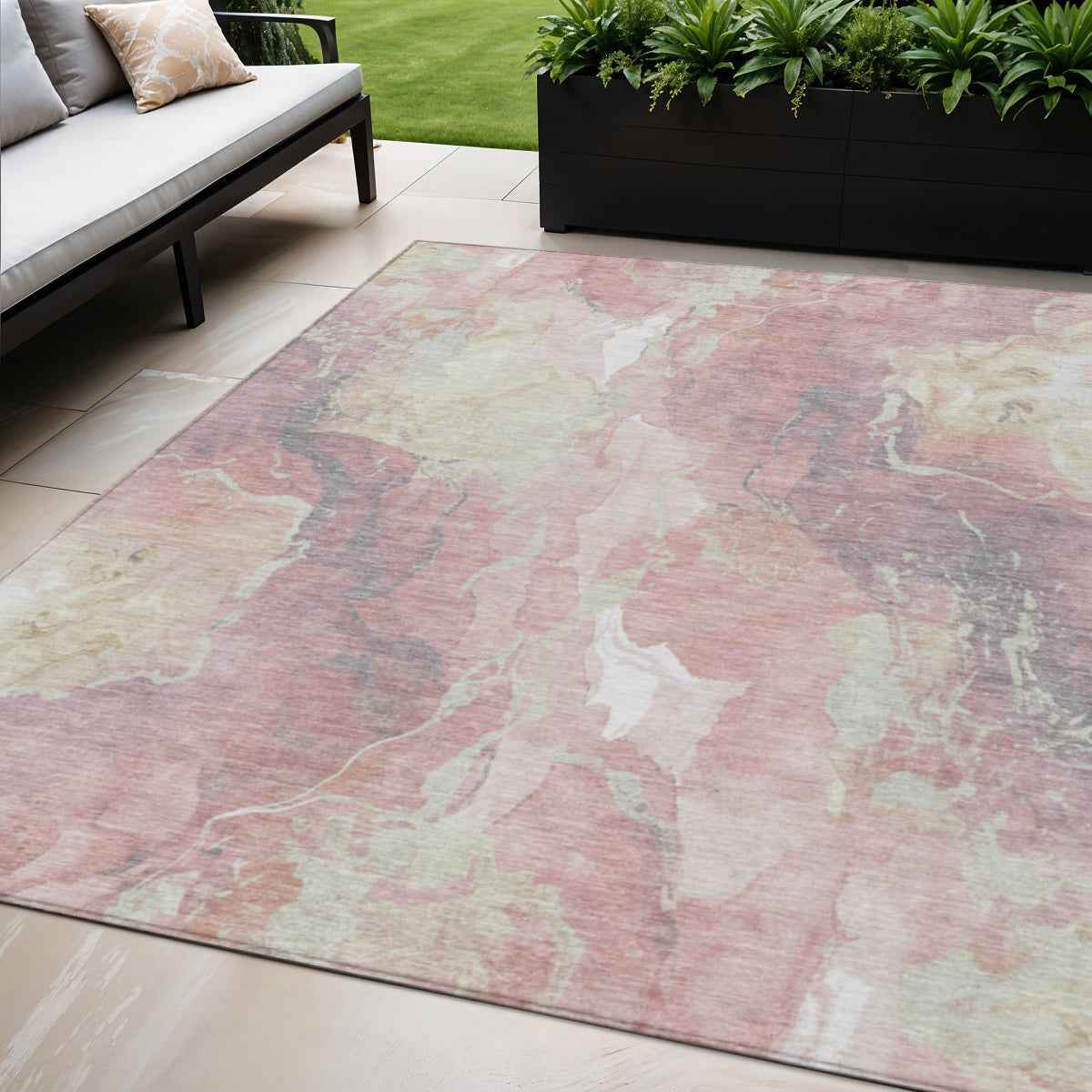5' X 8' Pink And Beige Abstract Washable Indoor Outdoor Area Rug