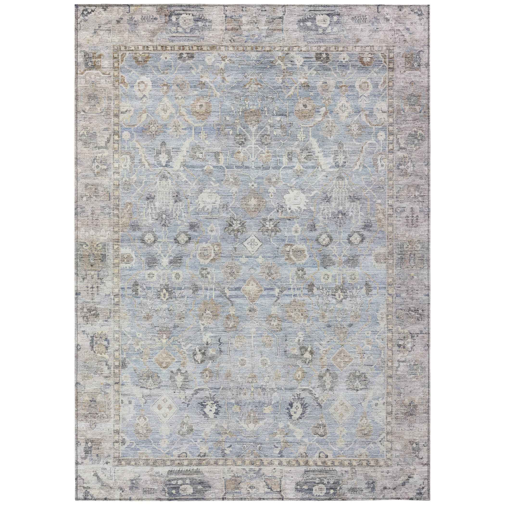 10' X 14' Sky Blue Brown And Ivory Oriental Washable Indoor Outdoor Area Rug