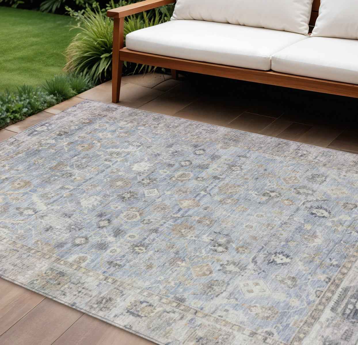 10' X 14' Sky Blue Brown And Ivory Oriental Washable Indoor Outdoor Area Rug