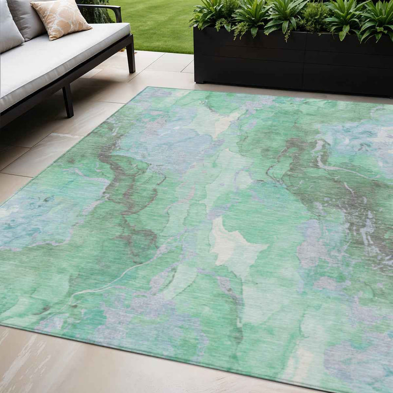5' X 8' Pale Aqua And Mint Green Abstract Washable Indoor Outdoor Area Rug