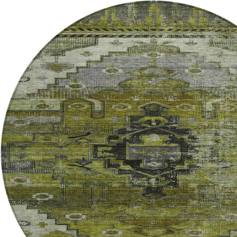 8' Olive Green Ivory And Gray Round Tribal Washable Indoor Outdoor Area Rug