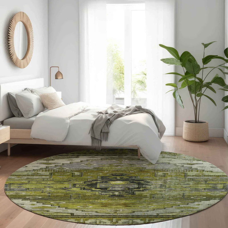 8' Olive Green Ivory And Gray Round Tribal Washable Indoor Outdoor Area Rug