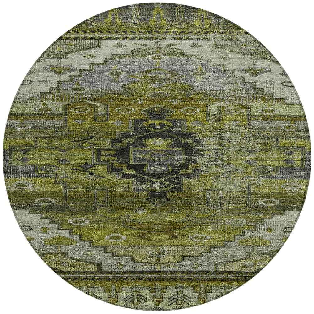 8' Olive Green Ivory And Gray Round Tribal Washable Indoor Outdoor Area Rug