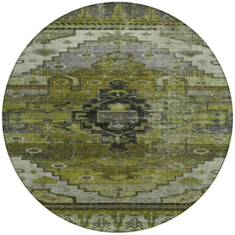 8' Olive Green Ivory And Gray Round Tribal Washable Indoor Outdoor Area Rug