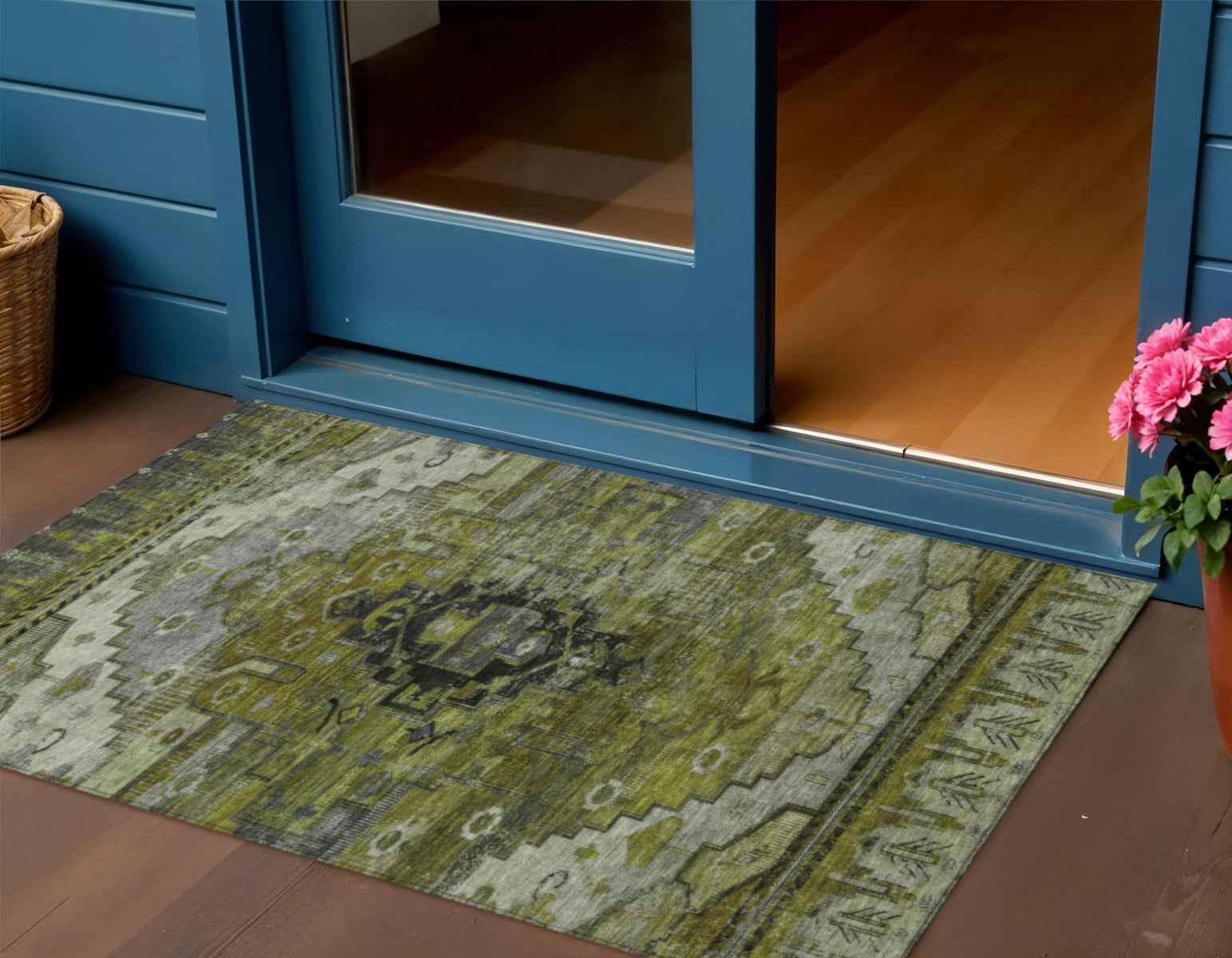 3' X 5' Olive Green Ivory And Gray Tribal Washable Indoor Outdoor Area Rug