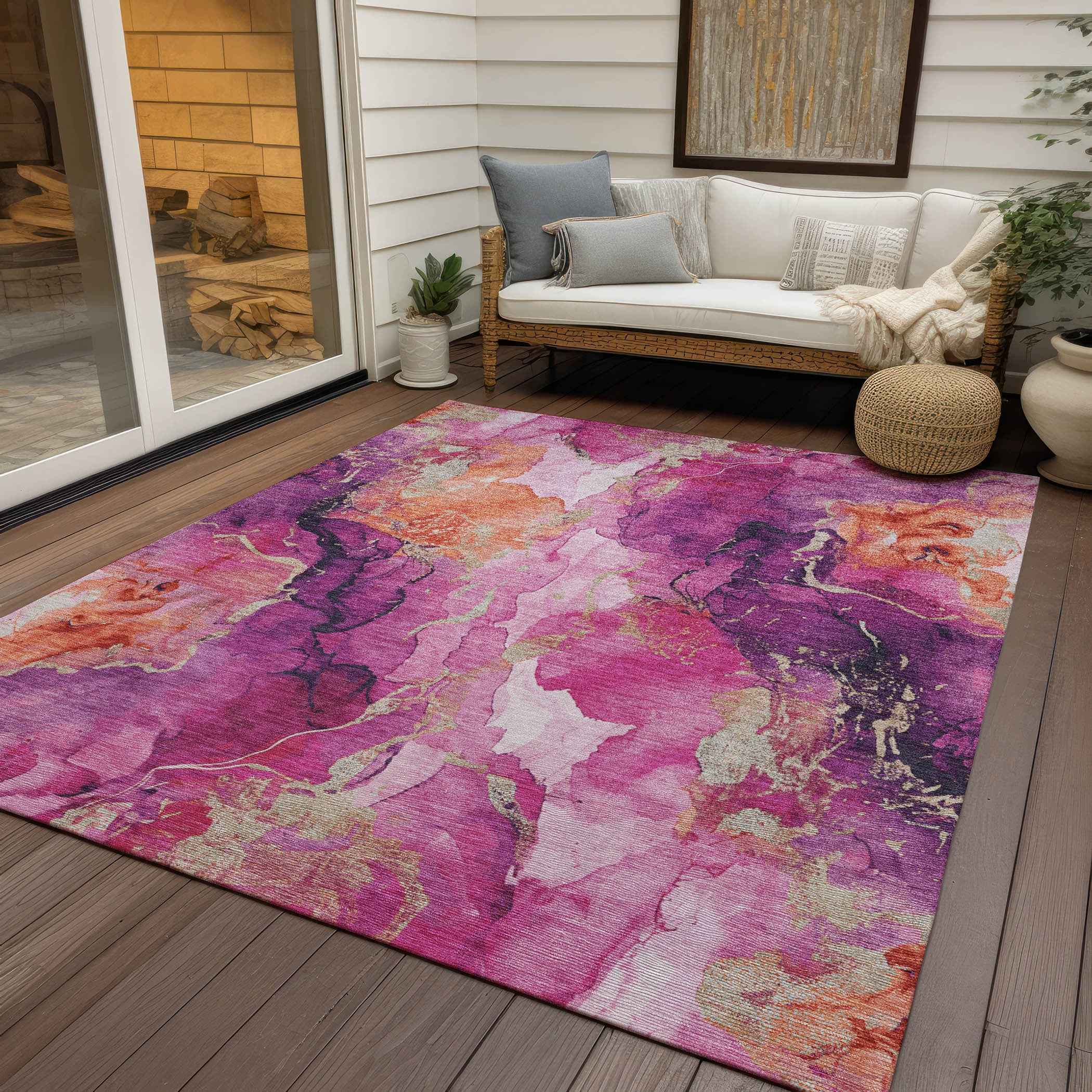 3' X 5' Ruby Red And Purple Abstract Washable Indoor Outdoor Area Rug