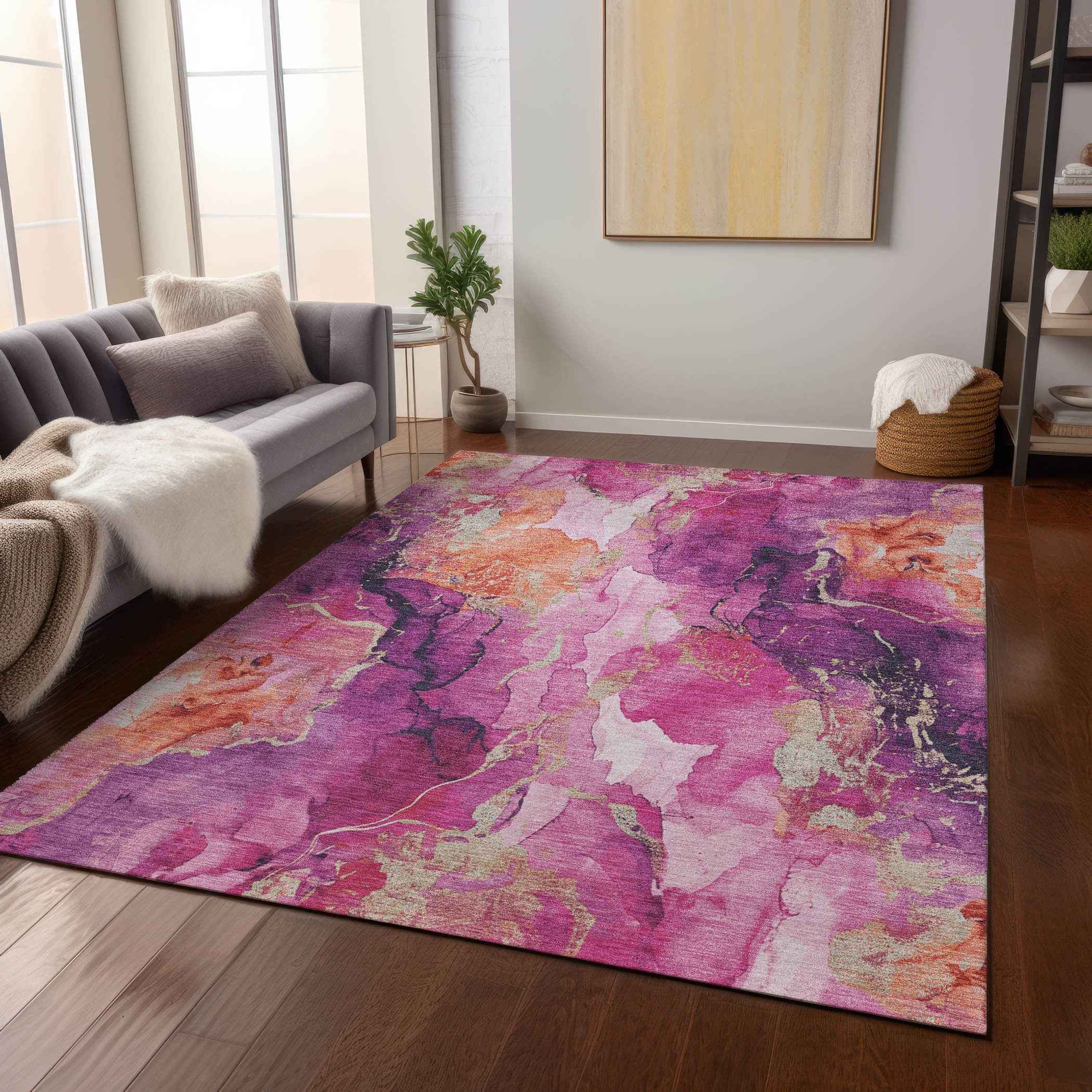 3' X 5' Ruby Red And Purple Abstract Washable Indoor Outdoor Area Rug