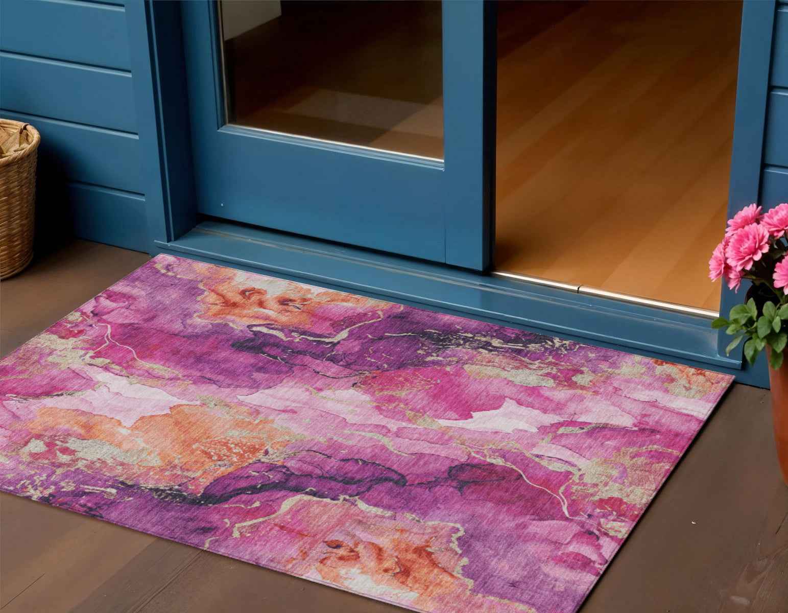 3' X 5' Ruby Red And Purple Abstract Washable Indoor Outdoor Area Rug