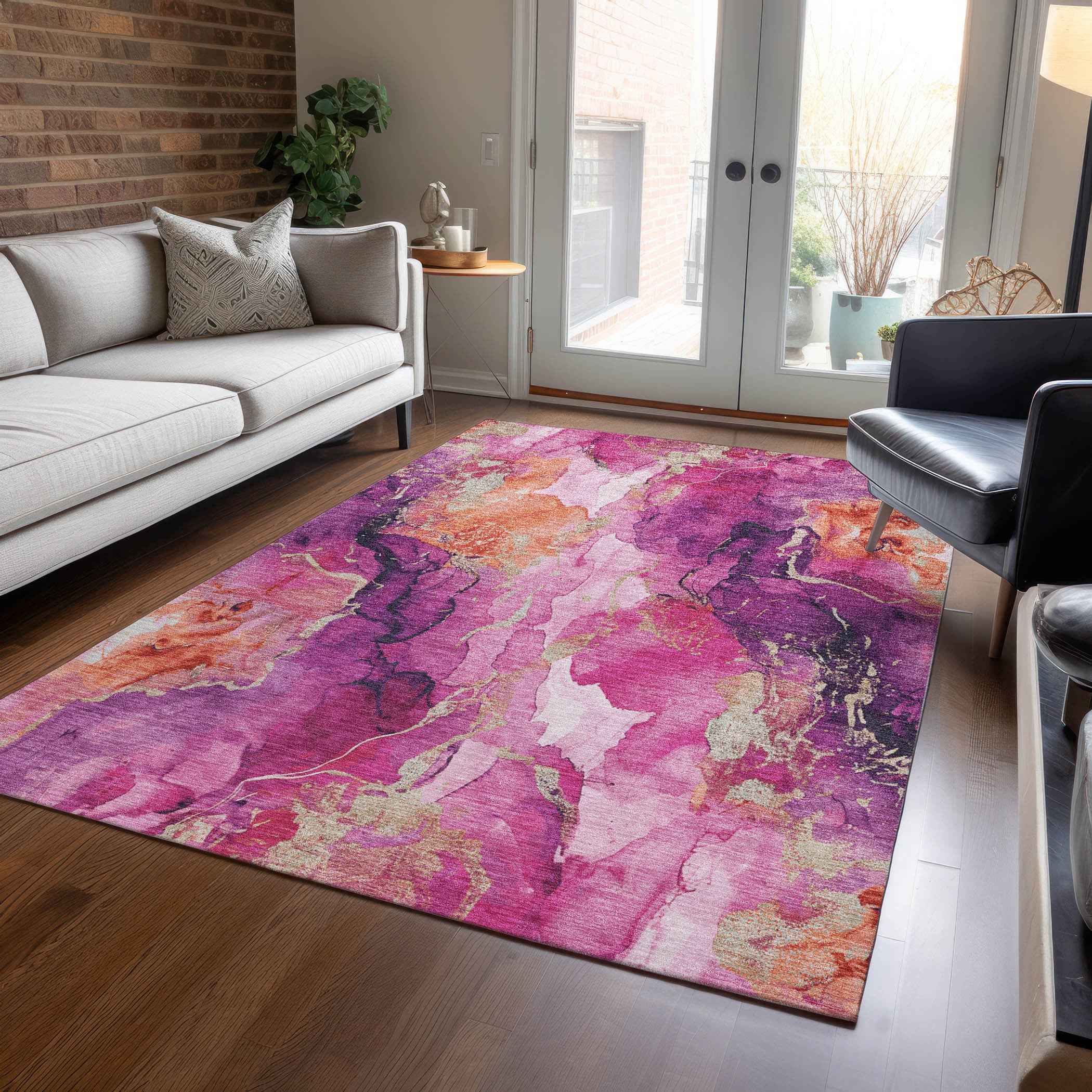 3' X 5' Ruby Red And Purple Abstract Washable Indoor Outdoor Area Rug