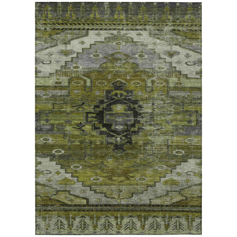 8' X 10' Olive Green Ivory And Gray Tribal Washable Indoor Outdoor Area Rug