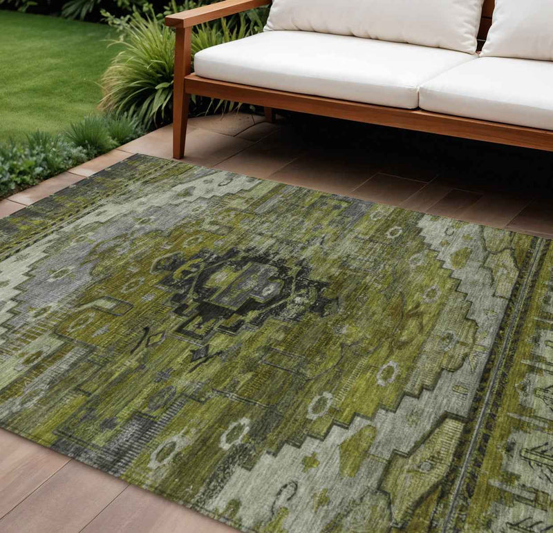 8' X 10' Olive Green Ivory And Gray Tribal Washable Indoor Outdoor Area Rug