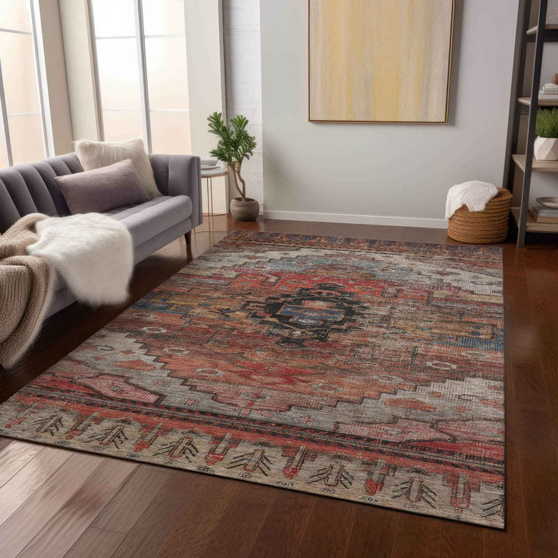 8' X 10' Rust Ivory And Gray Tribal Washable Indoor Outdoor Area Rug