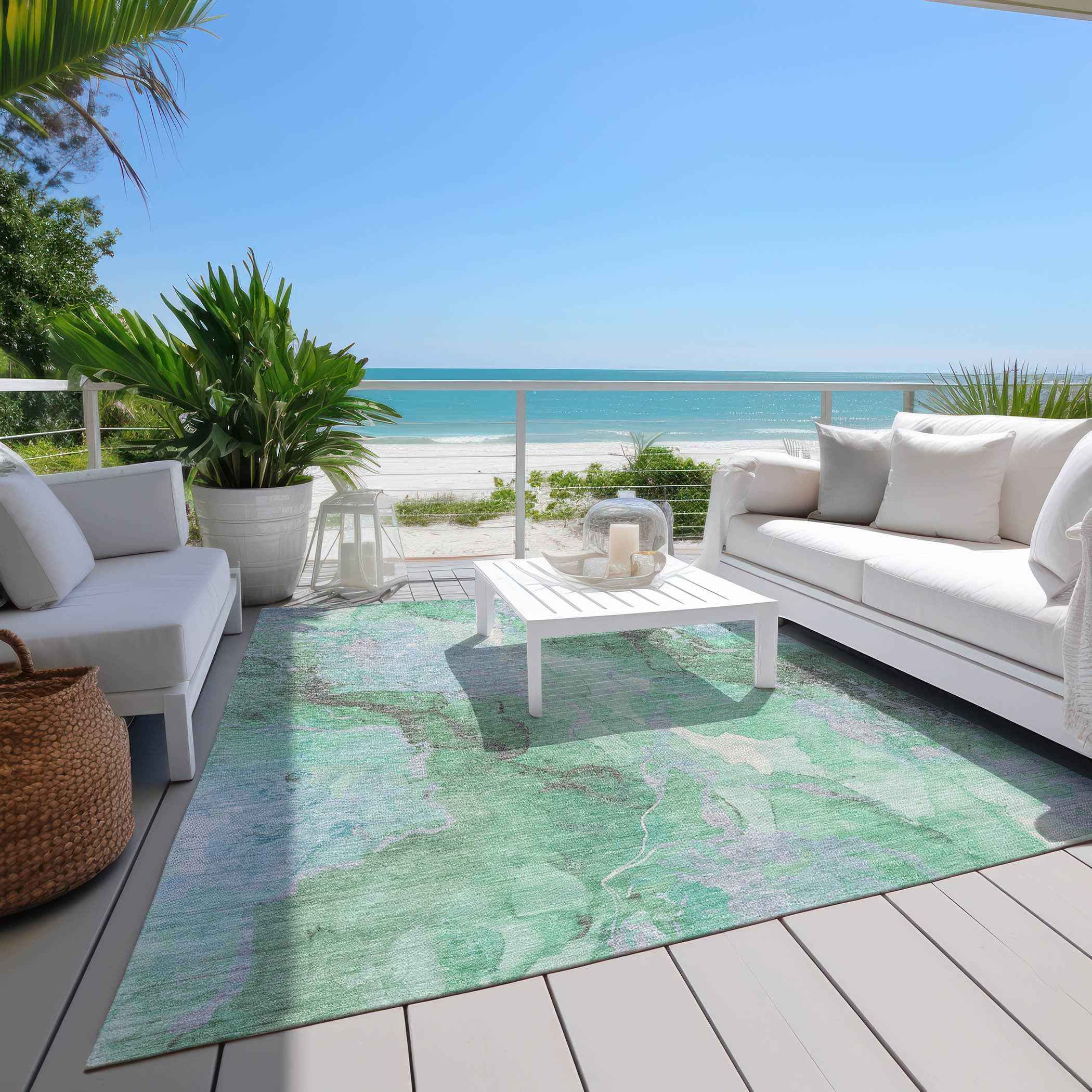 3' X 5' Pale Aqua And Mint Green Abstract Washable Indoor Outdoor Area Rug