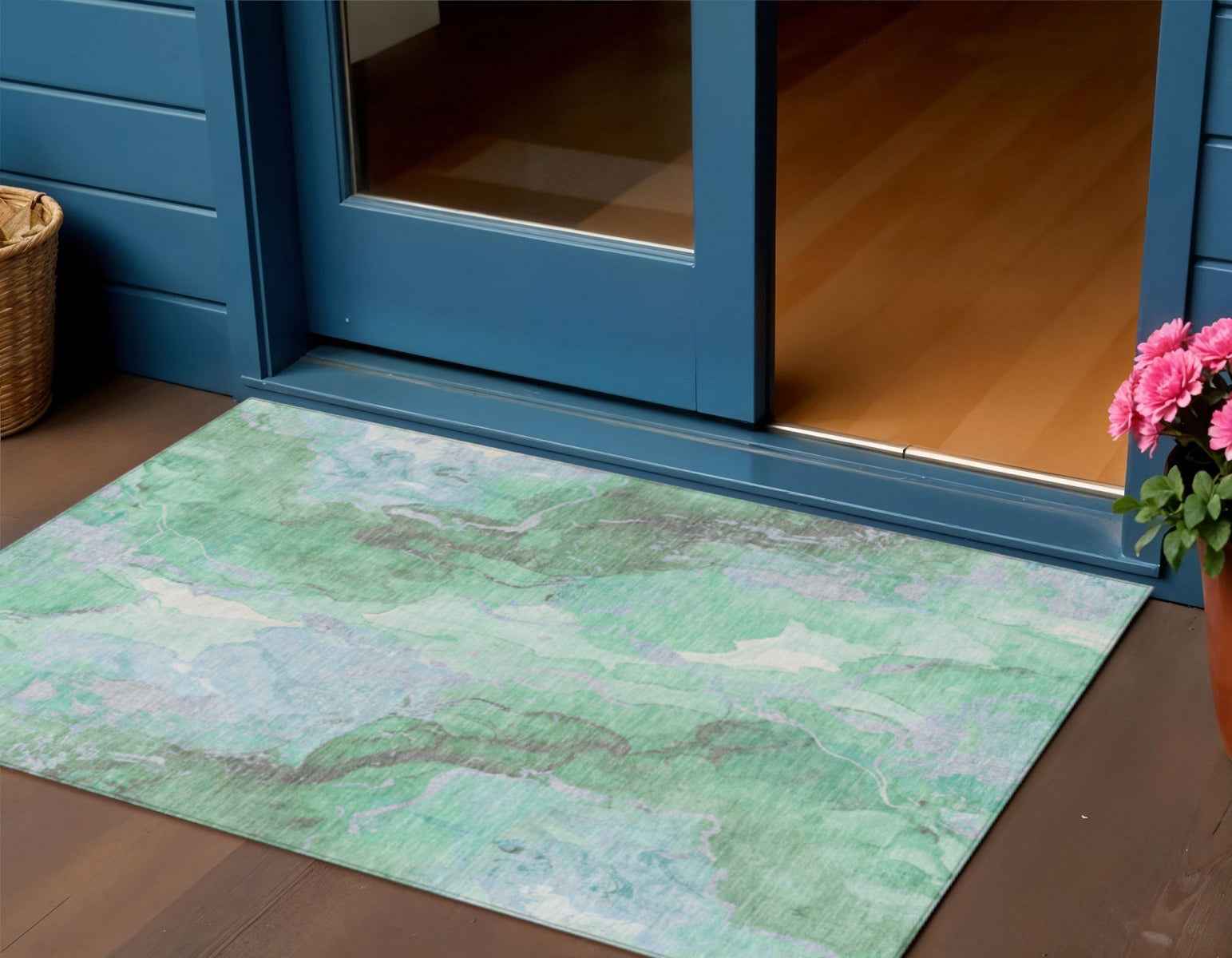 3' X 5' Pale Aqua And Mint Green Abstract Washable Indoor Outdoor Area Rug