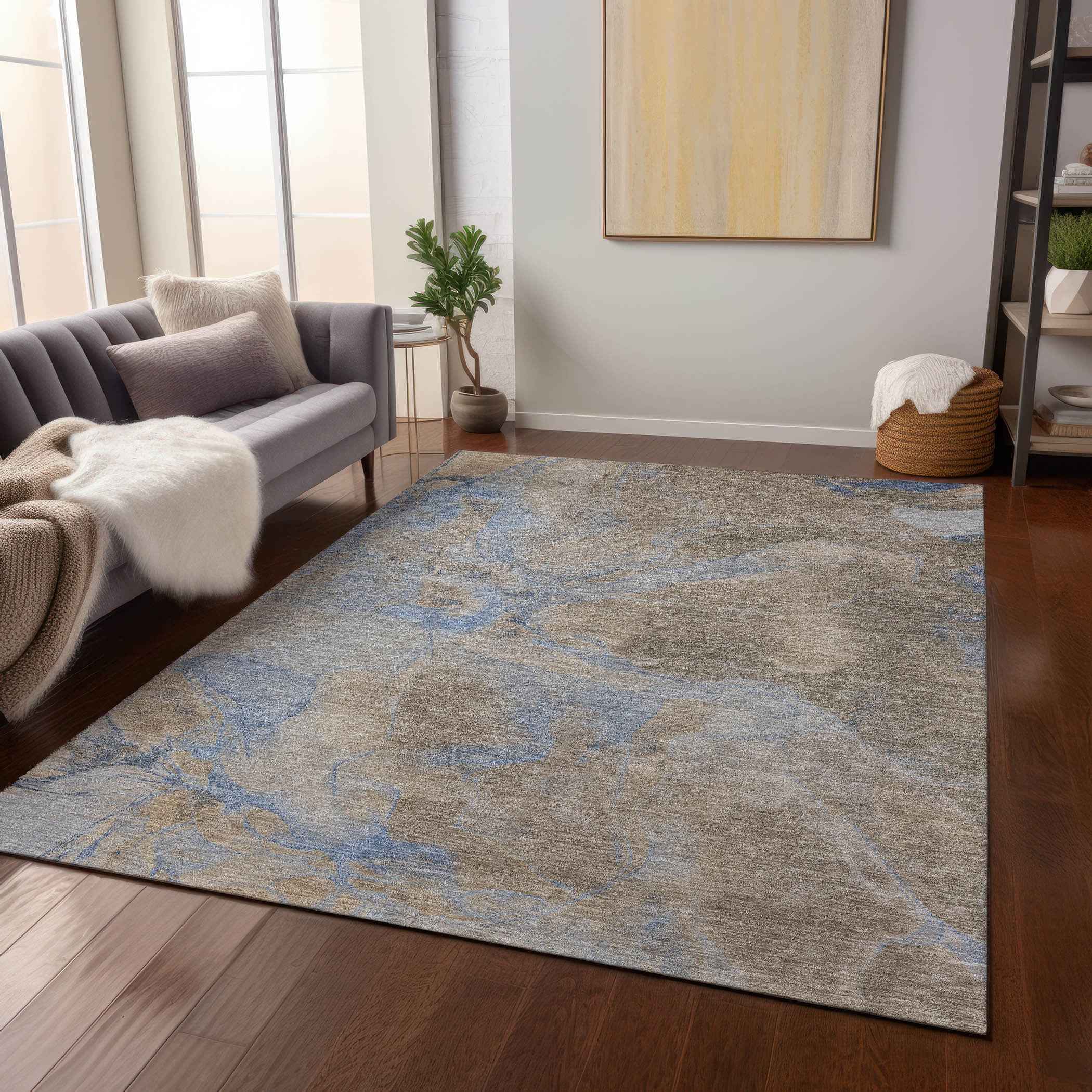 9' X 12' Taupe Beige And Blue Abstract Washable Indoor Outdoor Area Rug