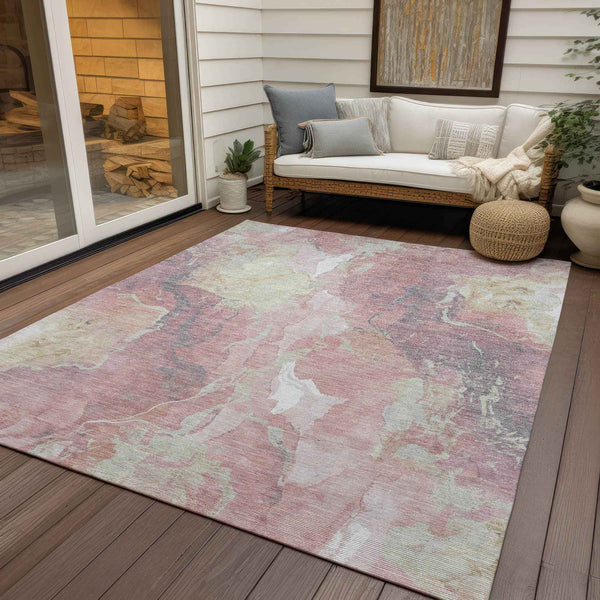 3' X 5' Pink And Beige Abstract Washable Indoor Outdoor Area Rug