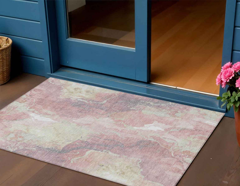 3' X 5' Pink And Beige Abstract Washable Indoor Outdoor Area Rug