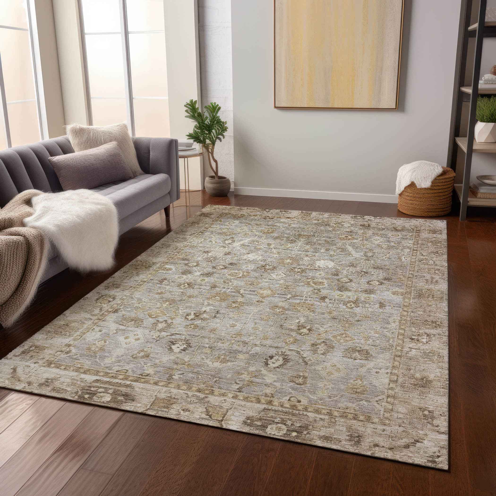 8' X 10' Taupe Brown And Ivory Oriental Washable Indoor Outdoor Area Rug